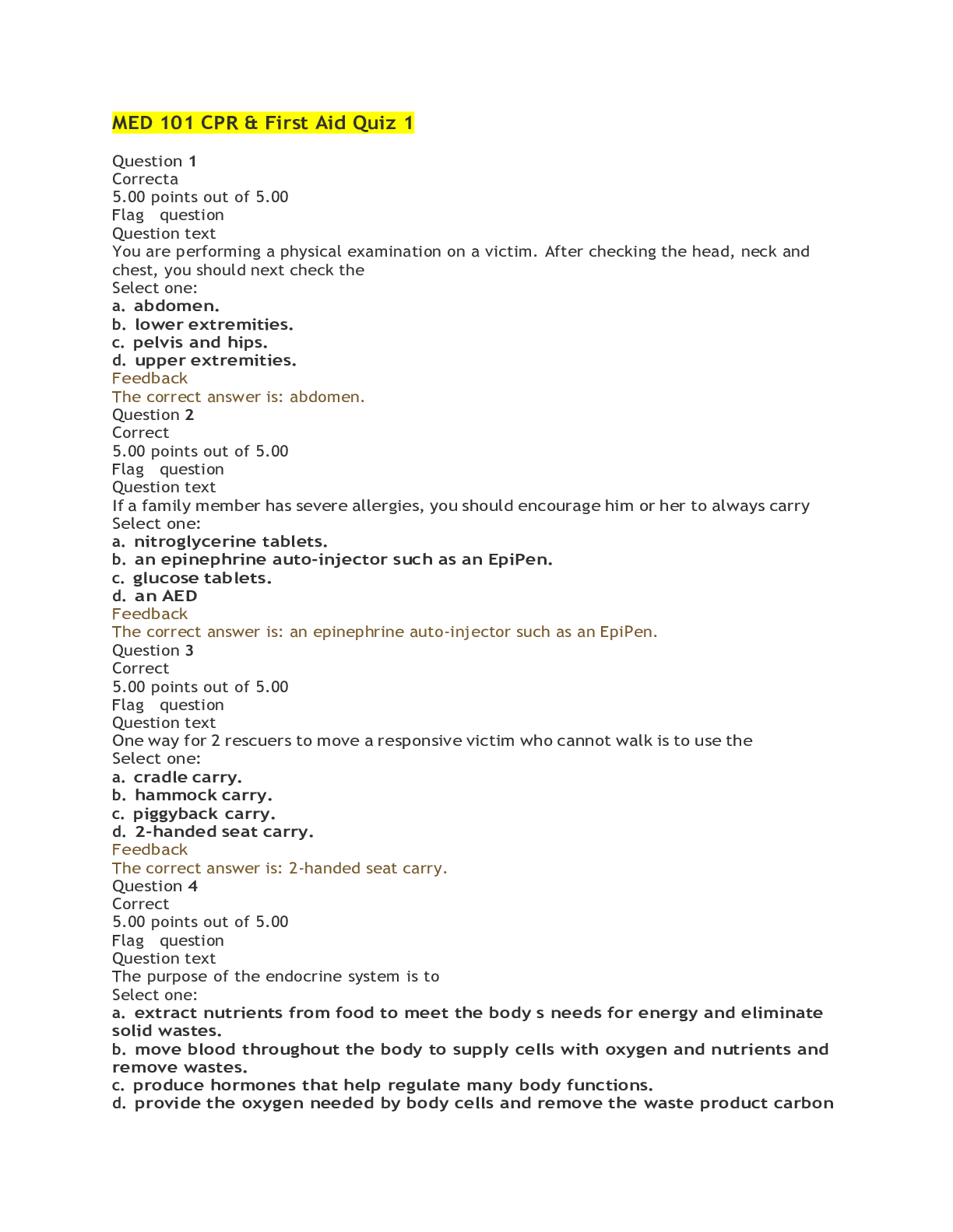 Preview image for MED 101 CPR & First Aid Quiz 1